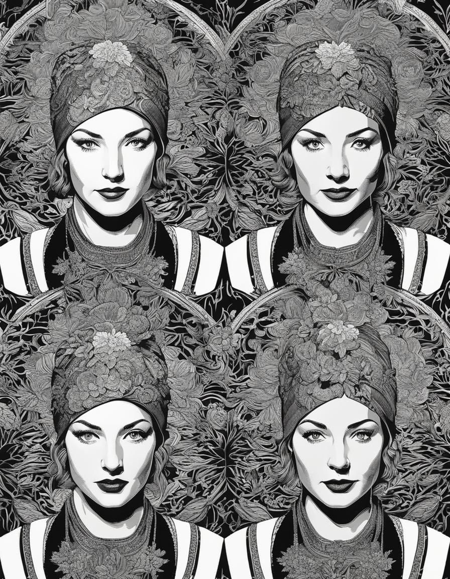Line art :: high contrast scratchboard :: mirror symmetrical image portrait of Kate Hudson ::