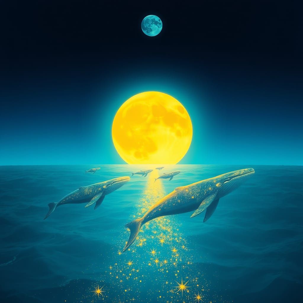 Bioluminescent Whales Under Eclipse: Dreamy Digital Art