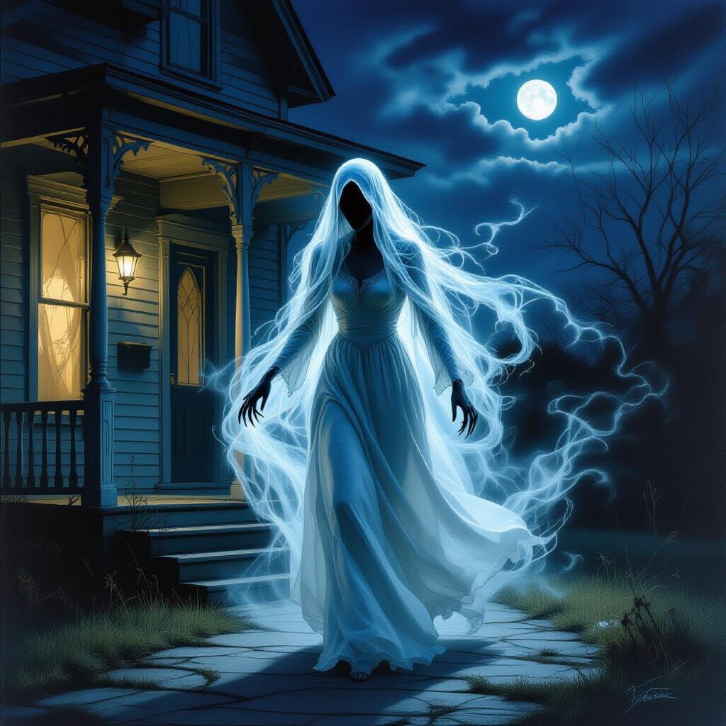 Gothic Ghost Woman Paces Dilapidated House Porch