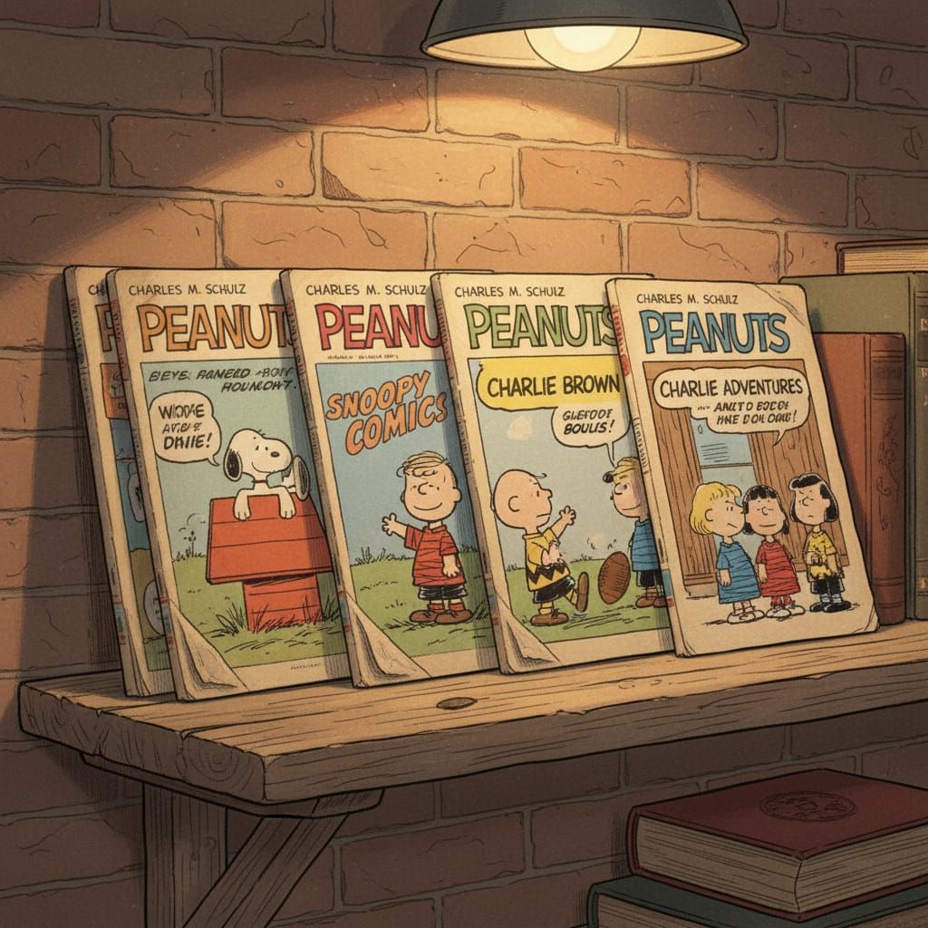 Vintage Peanuts Comic Magazines on Shelf Under Warm Light