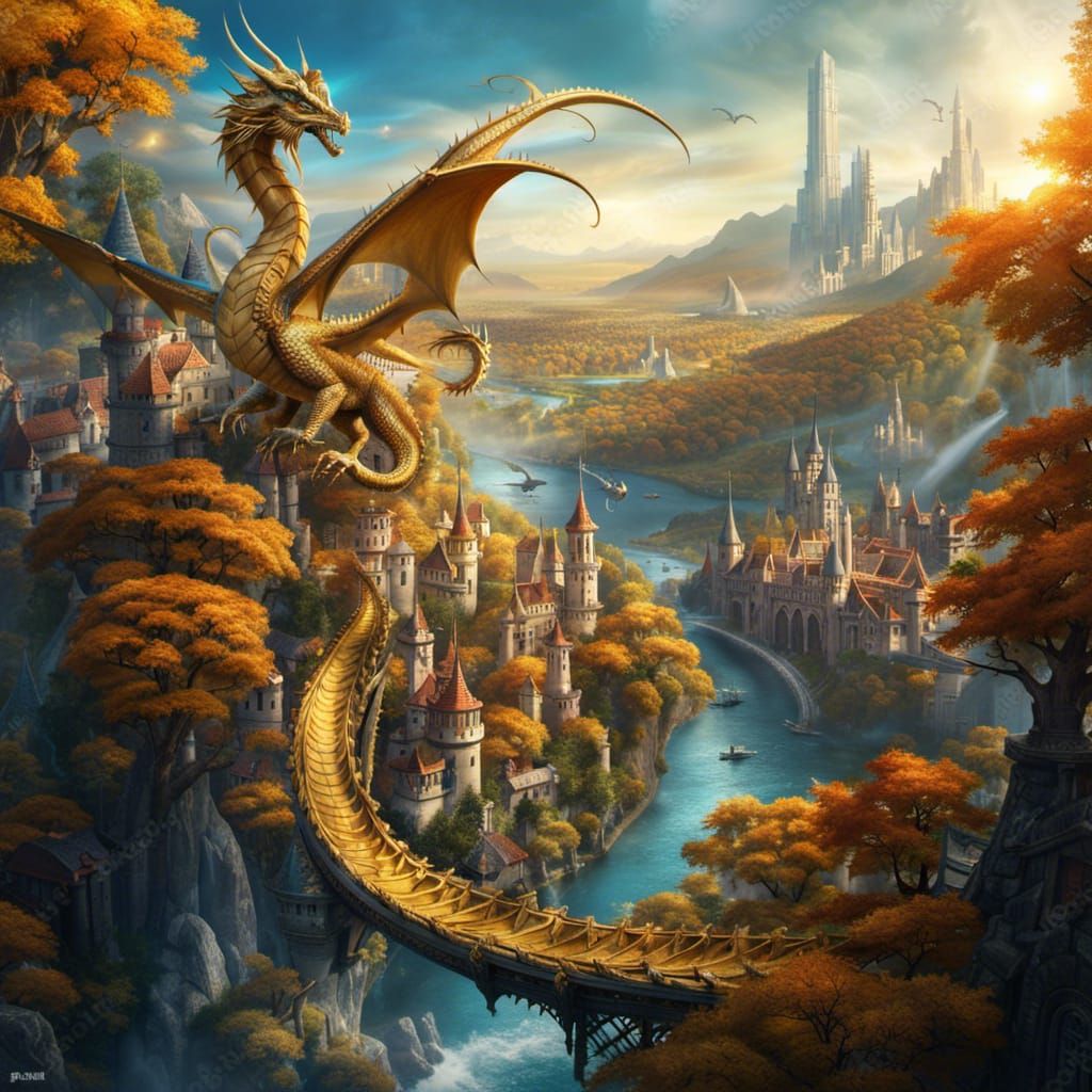 Golden Dragon Flying Above Elven City, Matte Painting