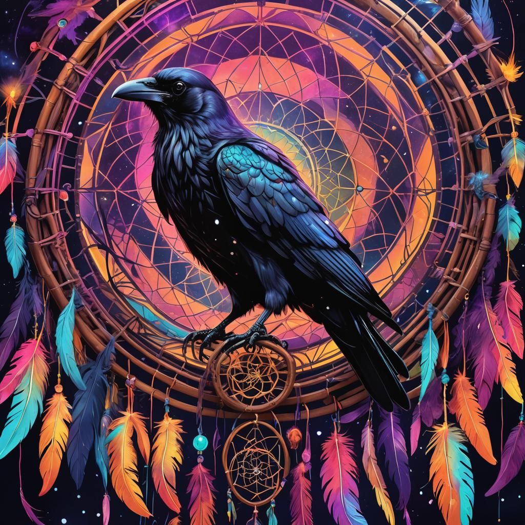 Neon Crow on Dreamcatcher: Cosmic Holographic Illustration