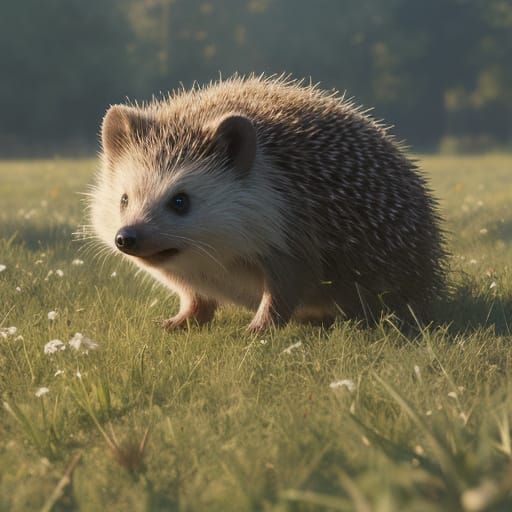 Cheerful Hedgehog in Lush Meadow, Photorealistic 8K
