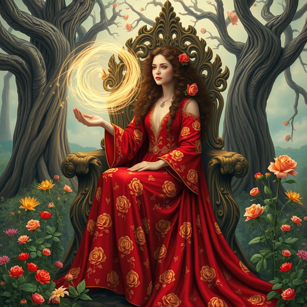 Regal Rose Queen in a Whimsical Garden of Blooming Wildflowe...