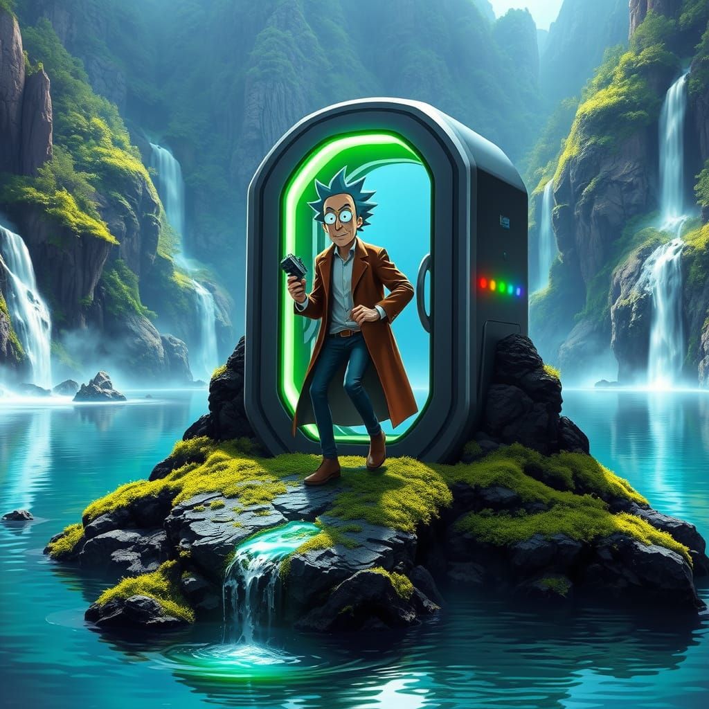 Rick Sanchez Steps Out of a Teleporter in a Fantastical Worl...