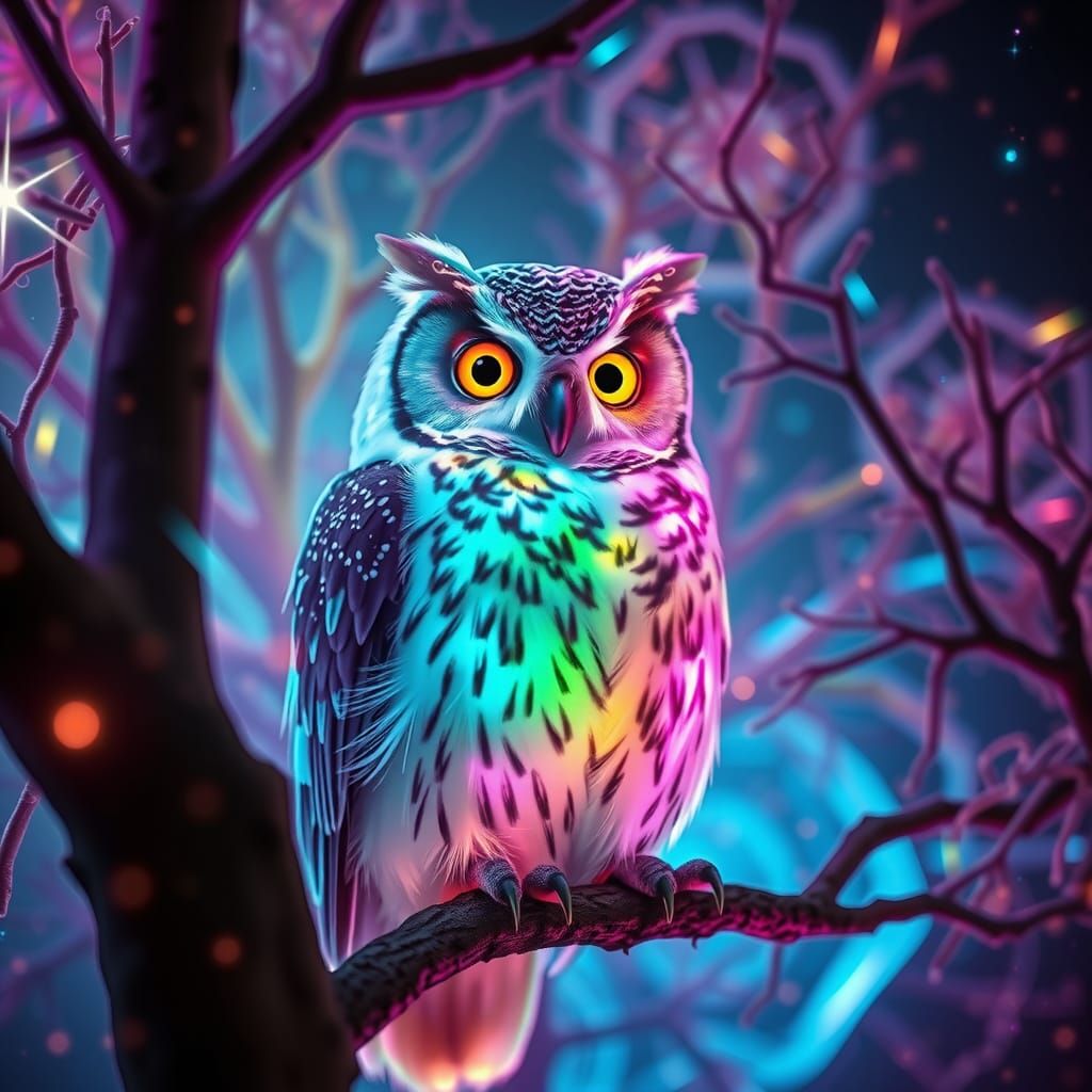 Neon Fantasy Owl in Rainbow Tree