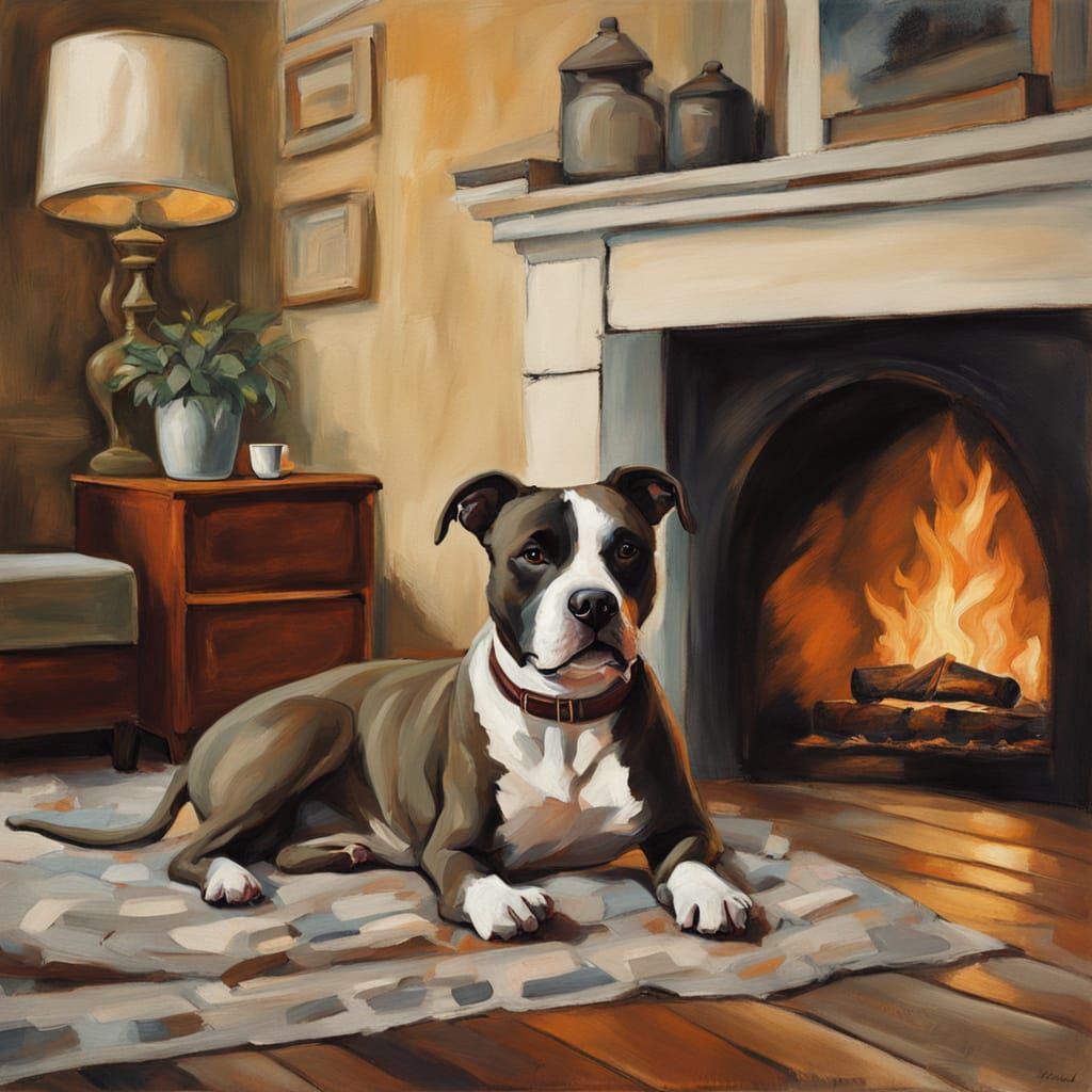 a detailed, heartwarming scene of an American Staffordshire Terrier lying comfortably in front of a cozy fireplace