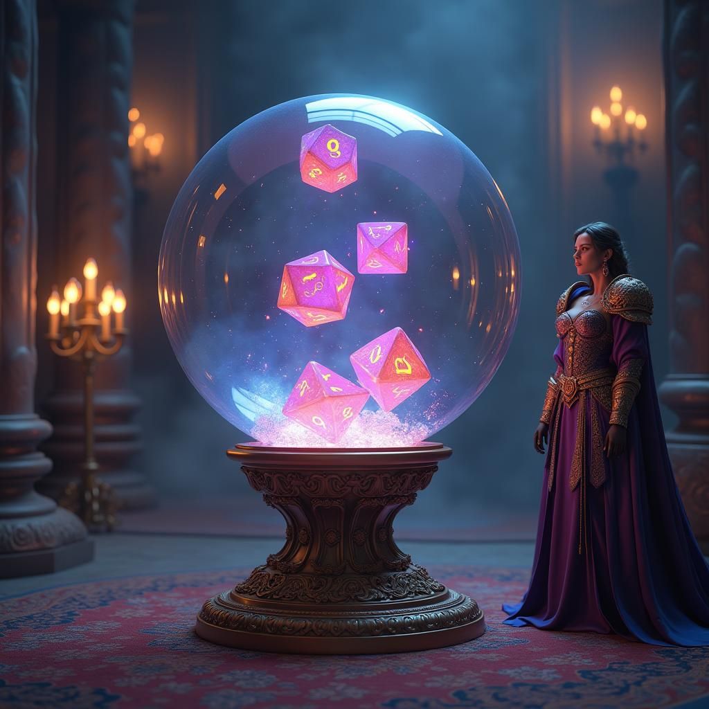Mystical Globe with Dice Watched by Mage