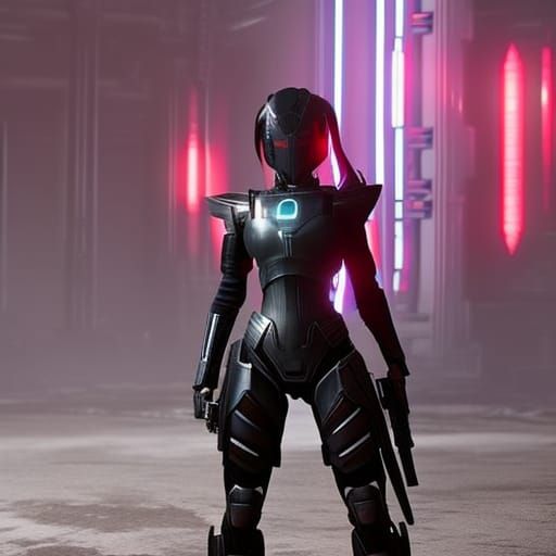 Cyberpunk Robot Warrior in Neon City Ruins