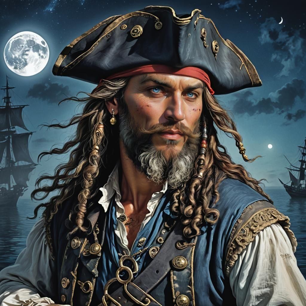A head shot and left side profile of a handsome pirate highl...