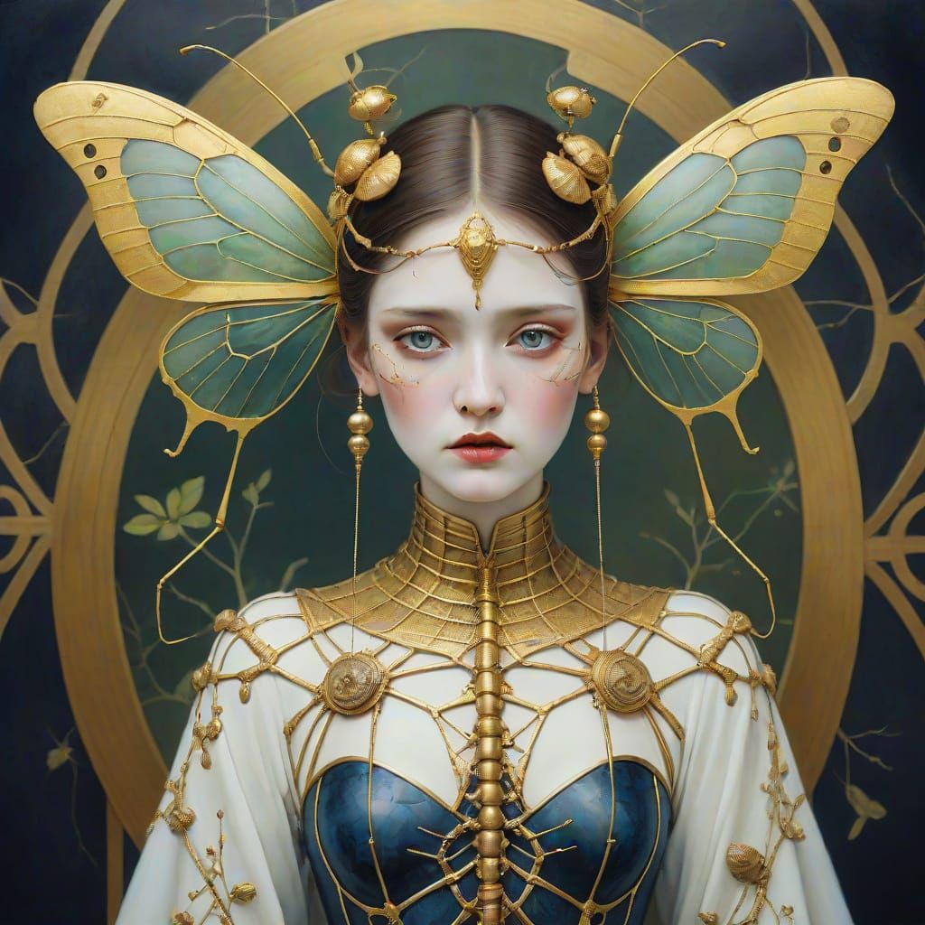 Insect Woman with Antenna in Watercolor Surrealism