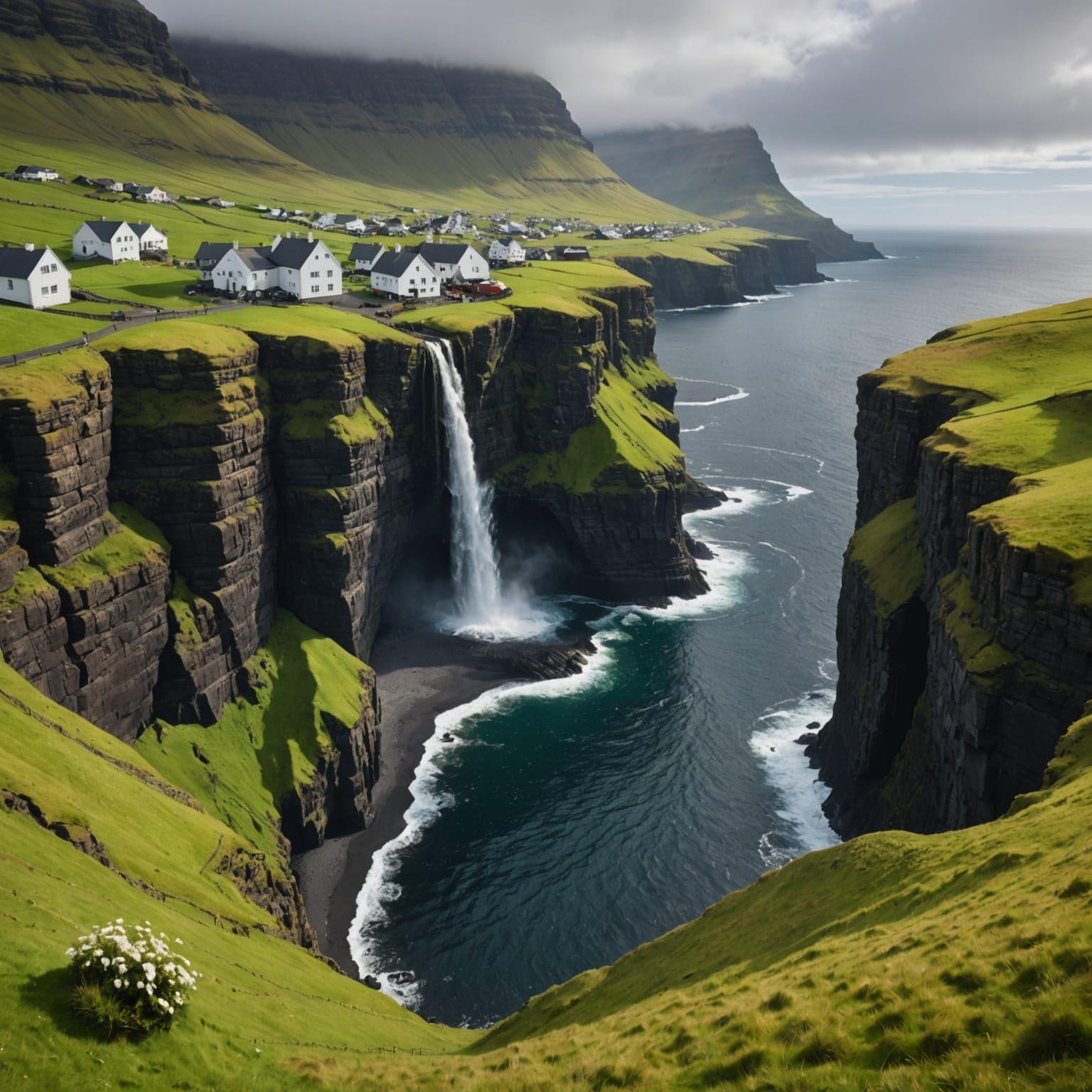 Faroe Islands Vista: Waterfall, Sea Cave, and Village