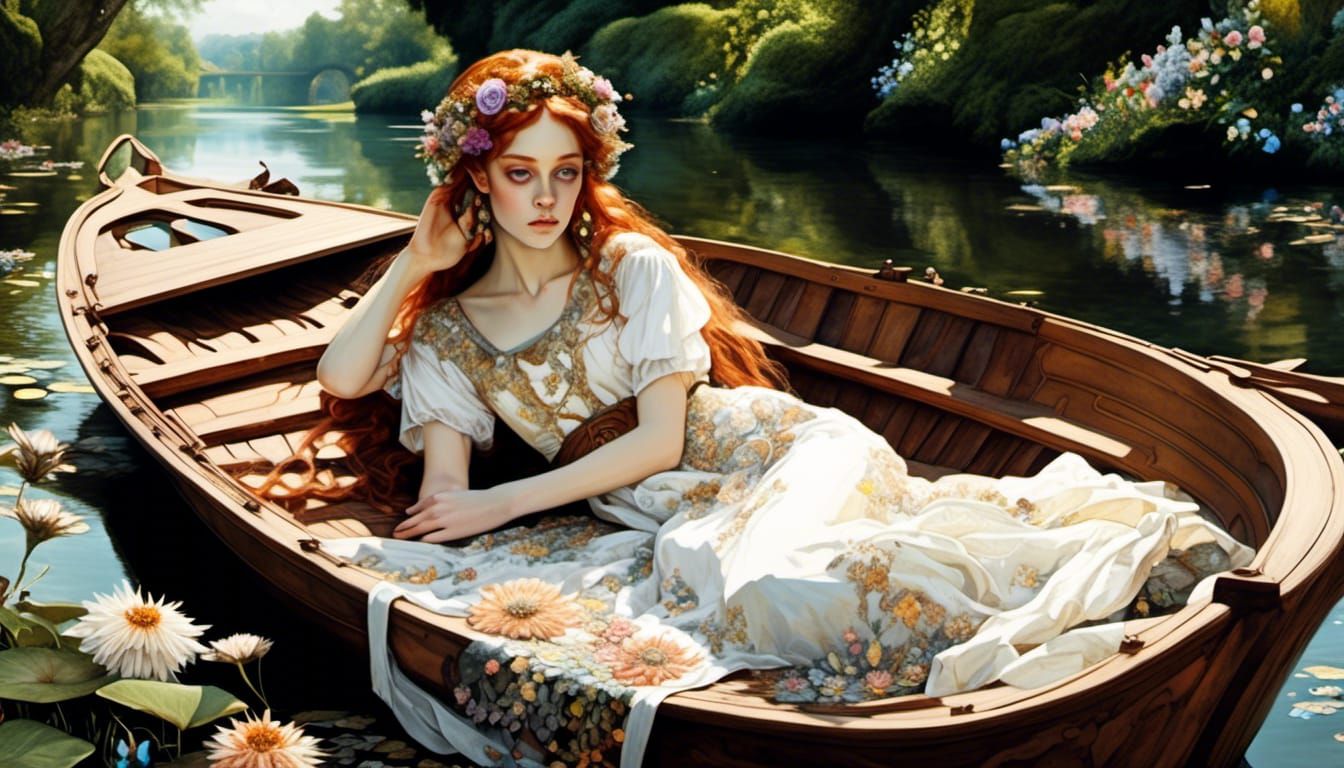 Sad Girl in River Boat: Pre-Raphaelite Portrait