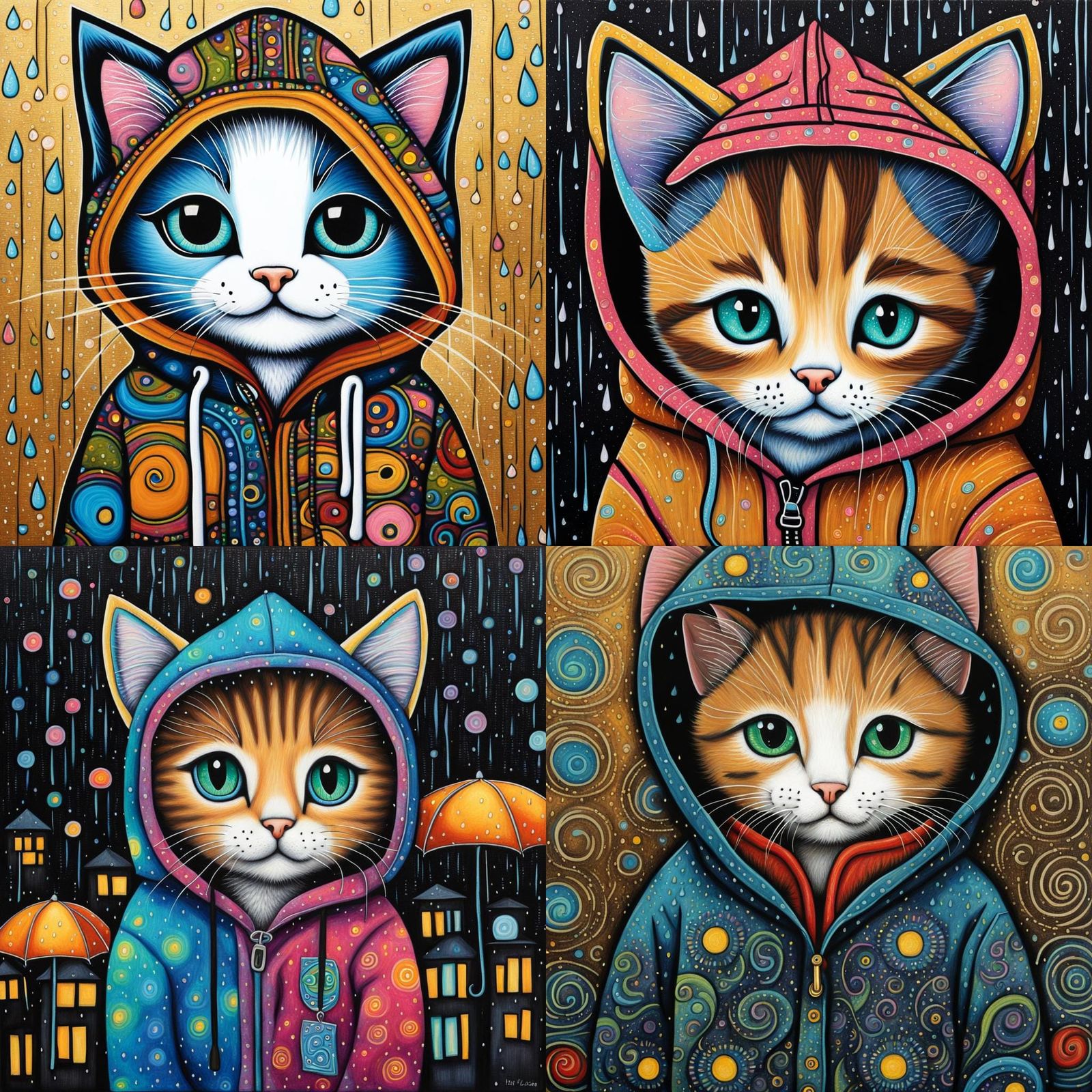 Rainy Day Kitten in Folk Art Style