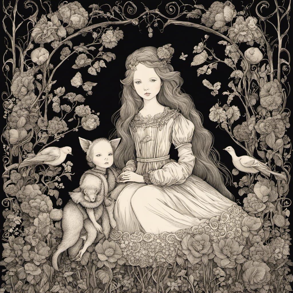 Girl and Doll in Graphite Art Style