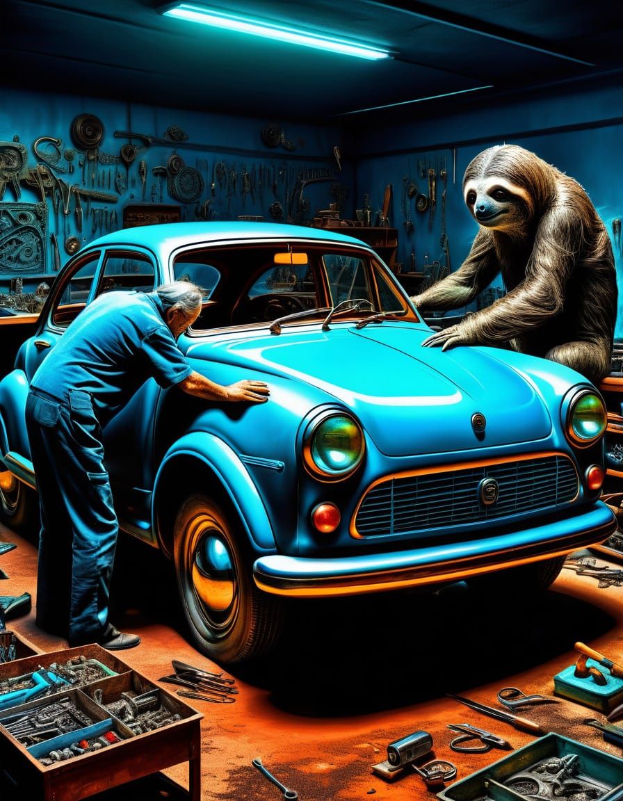 Sloth Car Repair: Surreal Digital Painting