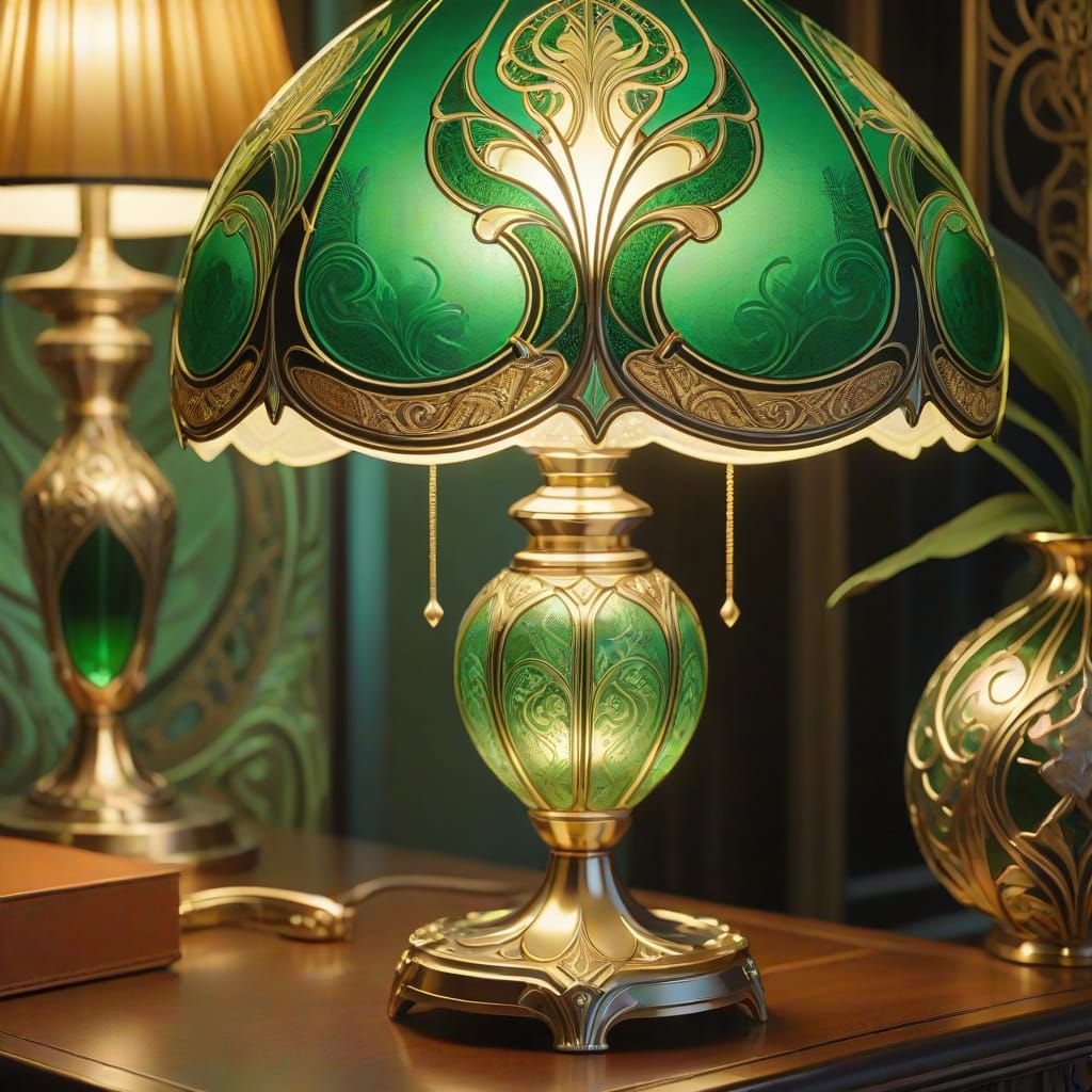 Art Nouveau Lamp with Ornate Patterns and Golden Light