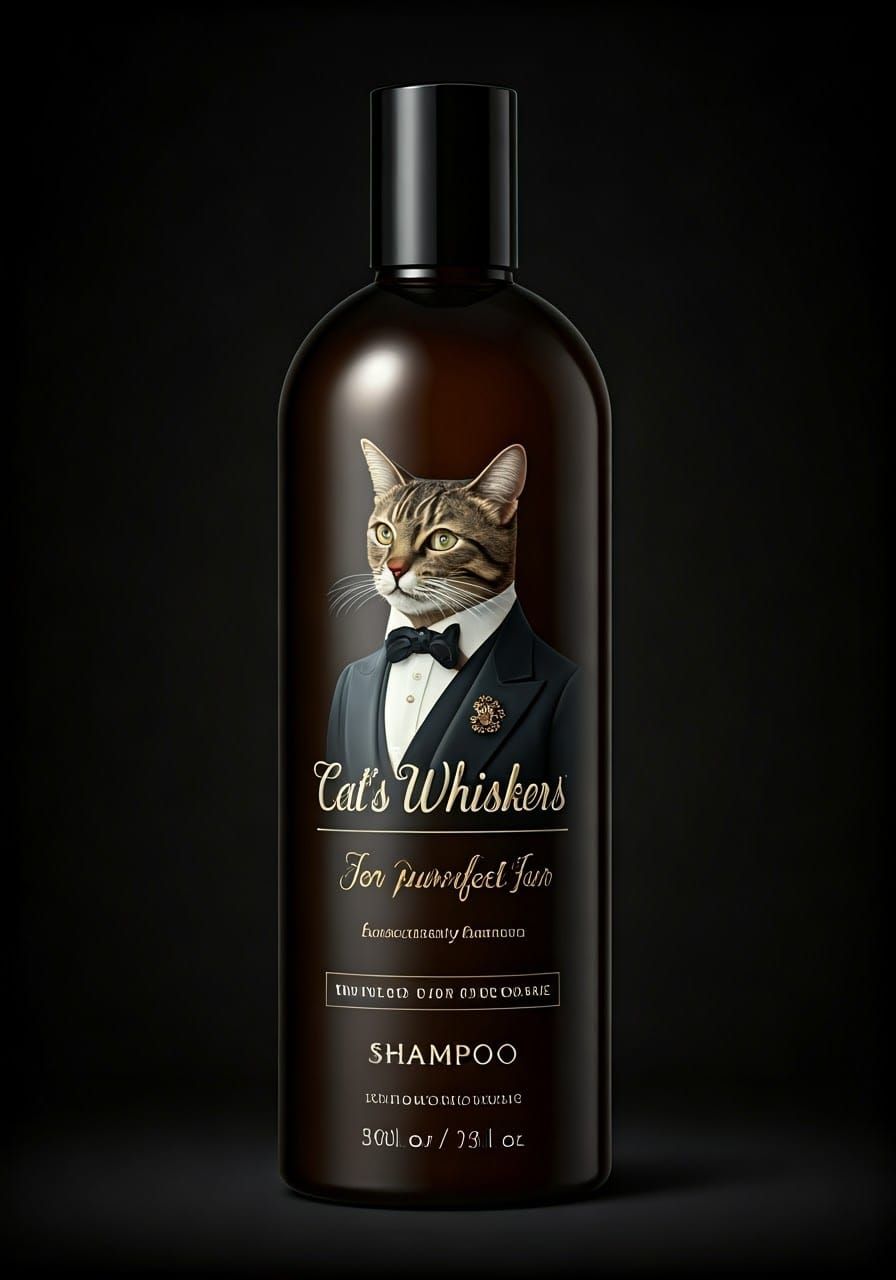 A bottle of shampoo showing an elegant anthropomorphic cat - lettering 'The Cat's Whiskers - For purrfect fur'