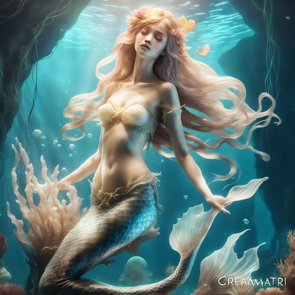 Melancholic Mermaid's Tale in Moonlit Cavern