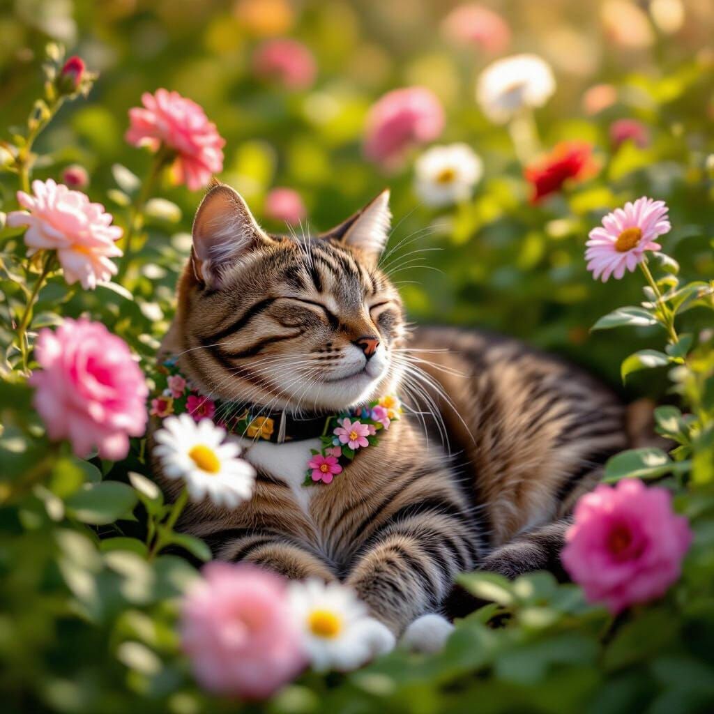 Tabby Cat Sleeping in Flower Garden, Professional Photograph...