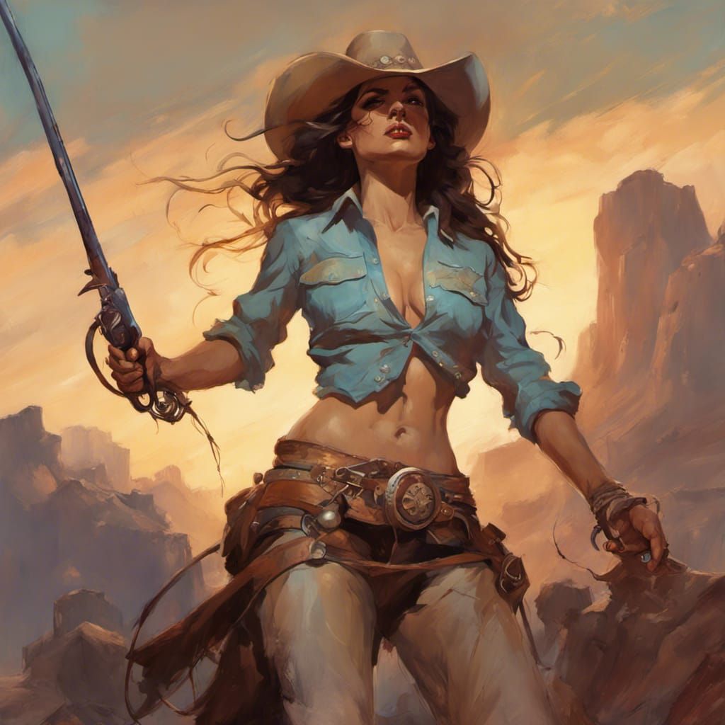 Cowgirl Lassoing Villain in Romantic Fantasy Art Style