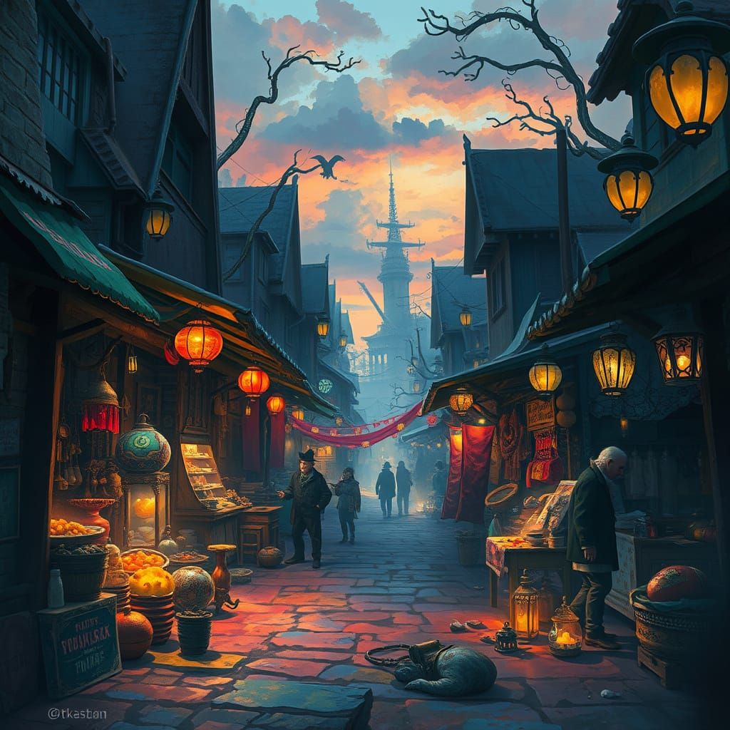 Whimsical Night Market Scene in Fantasy Art Style