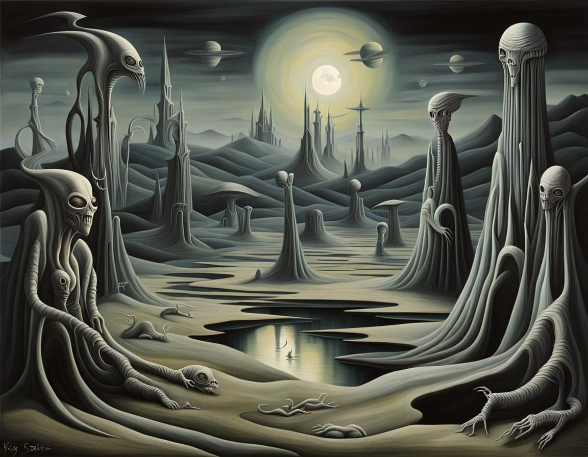 Sinister Alien Landscape as Surrealist Oil Painting