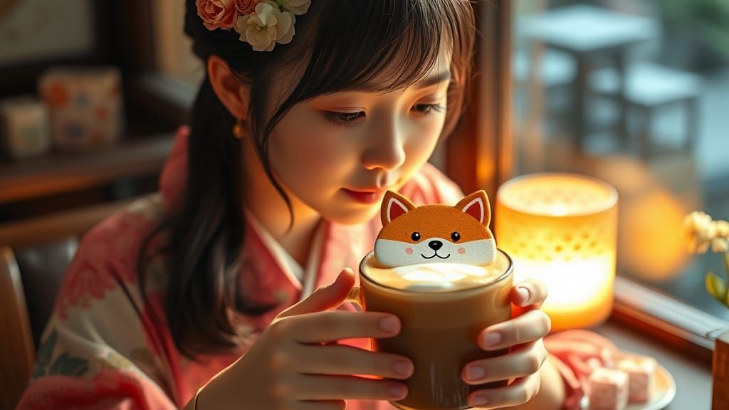 Cute Japanese Girl with Shiba Latte Art