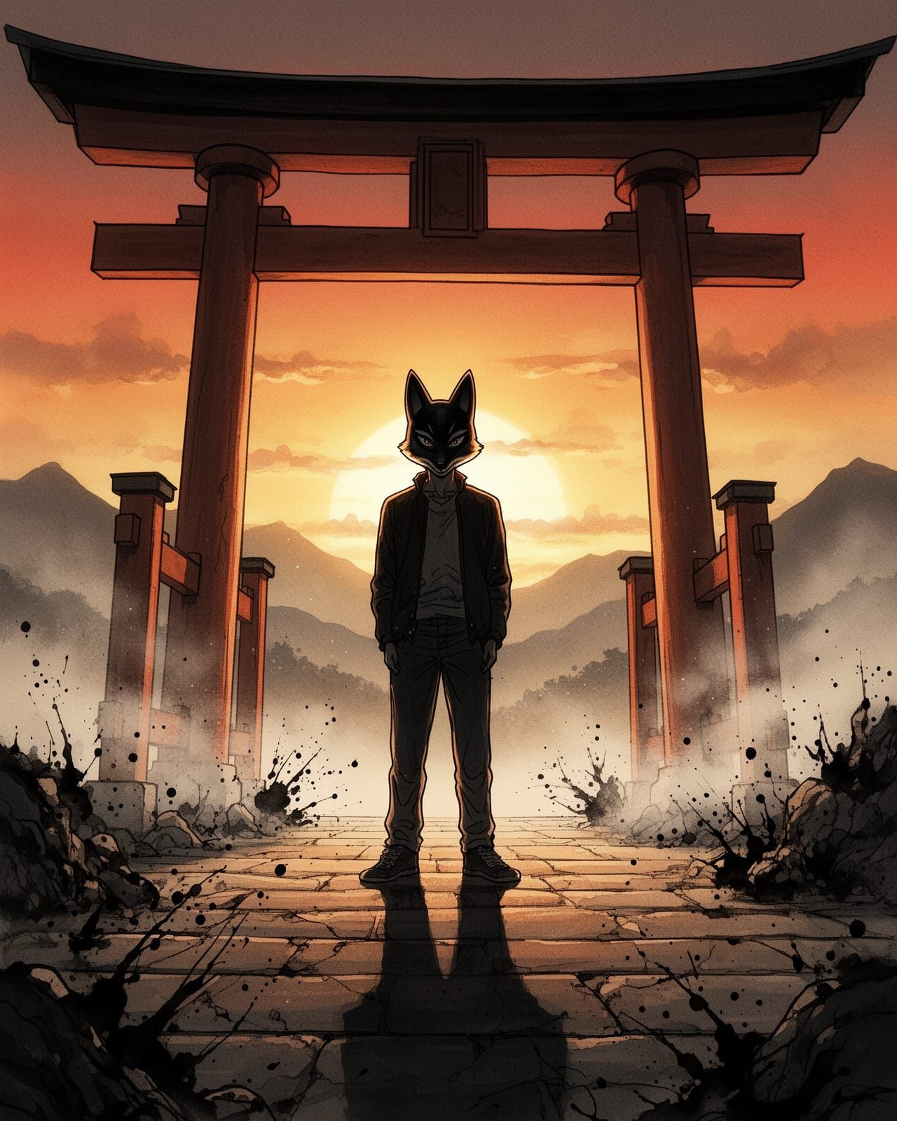 Man in Fox Mask Before Torii Gate at Sunset
