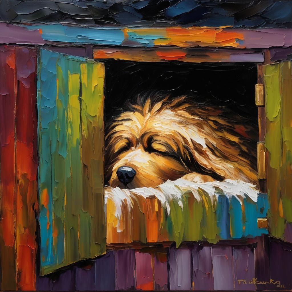 Shaggy Dog Asleep in Kennel: Impasto Oil Painting