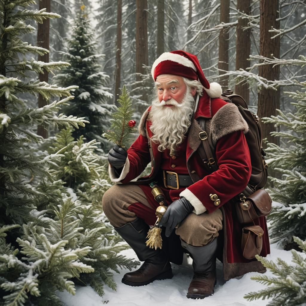 Santa Claus as Victorian Explorer in Snowy Forest