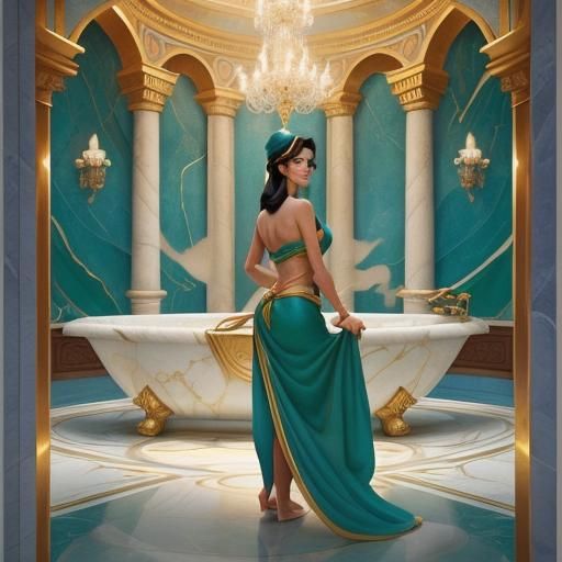 Jasmine in Palace Bath, Disney Style Illustration