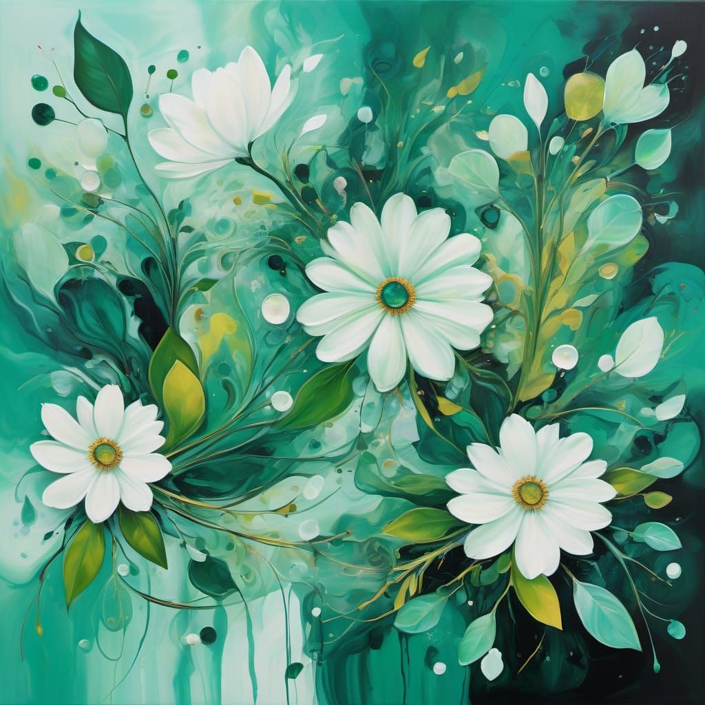Surreal Emerald Floral Painting in Abstract Style