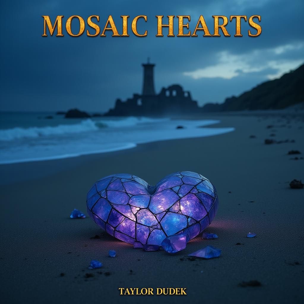 Mosaic Hearts Book Cover: Abandoned Beach at Dusk with Crumb...