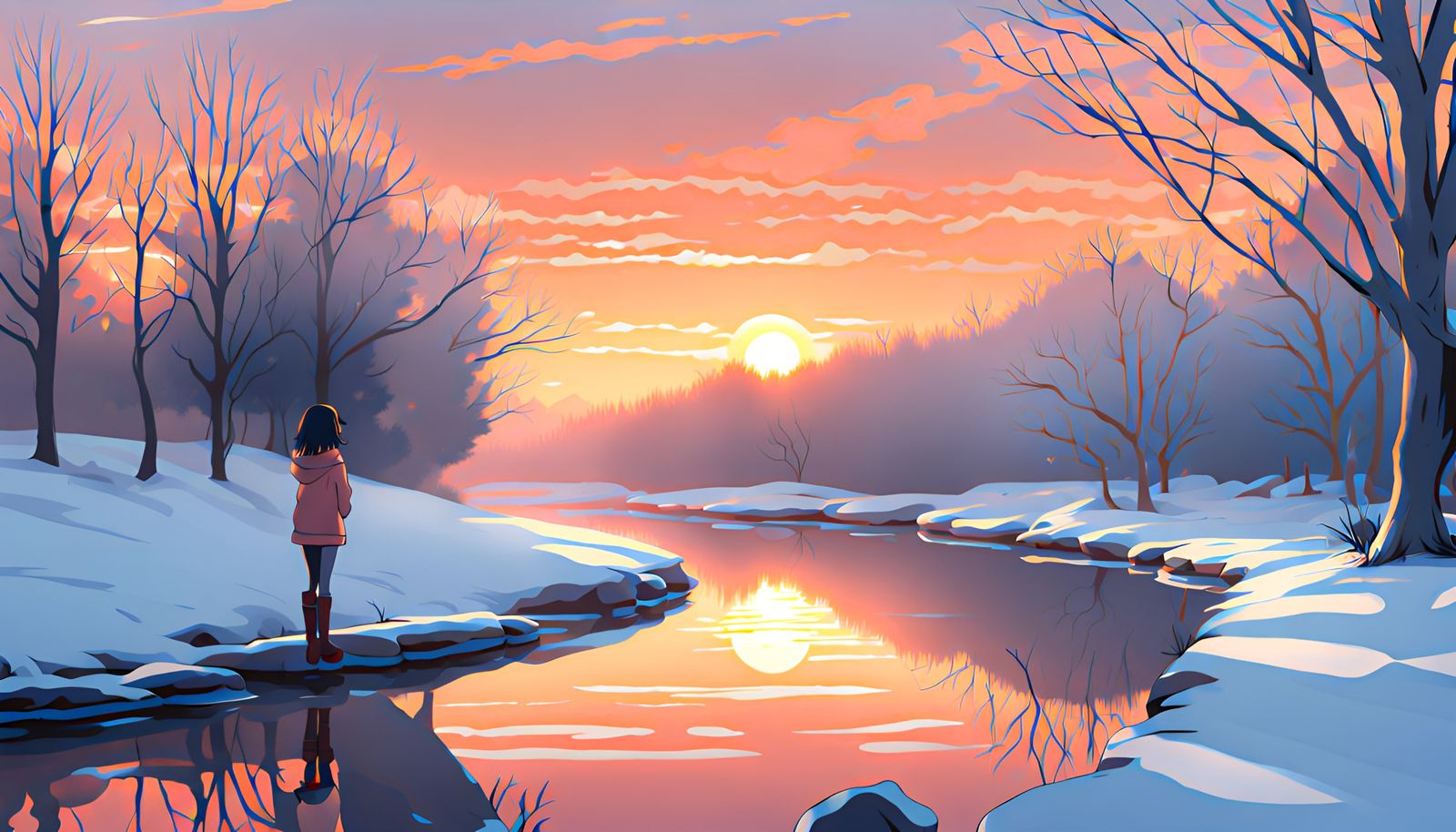 Anime Girl Reflecting in Winter Sunrise Riverscape