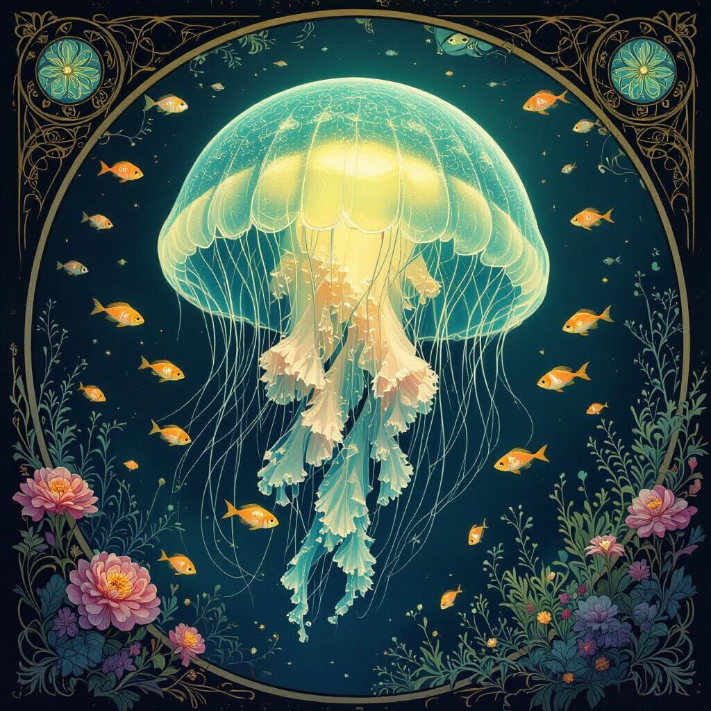 Bioluminescent Jellyfish in Art Nouveau Fantasy Style
