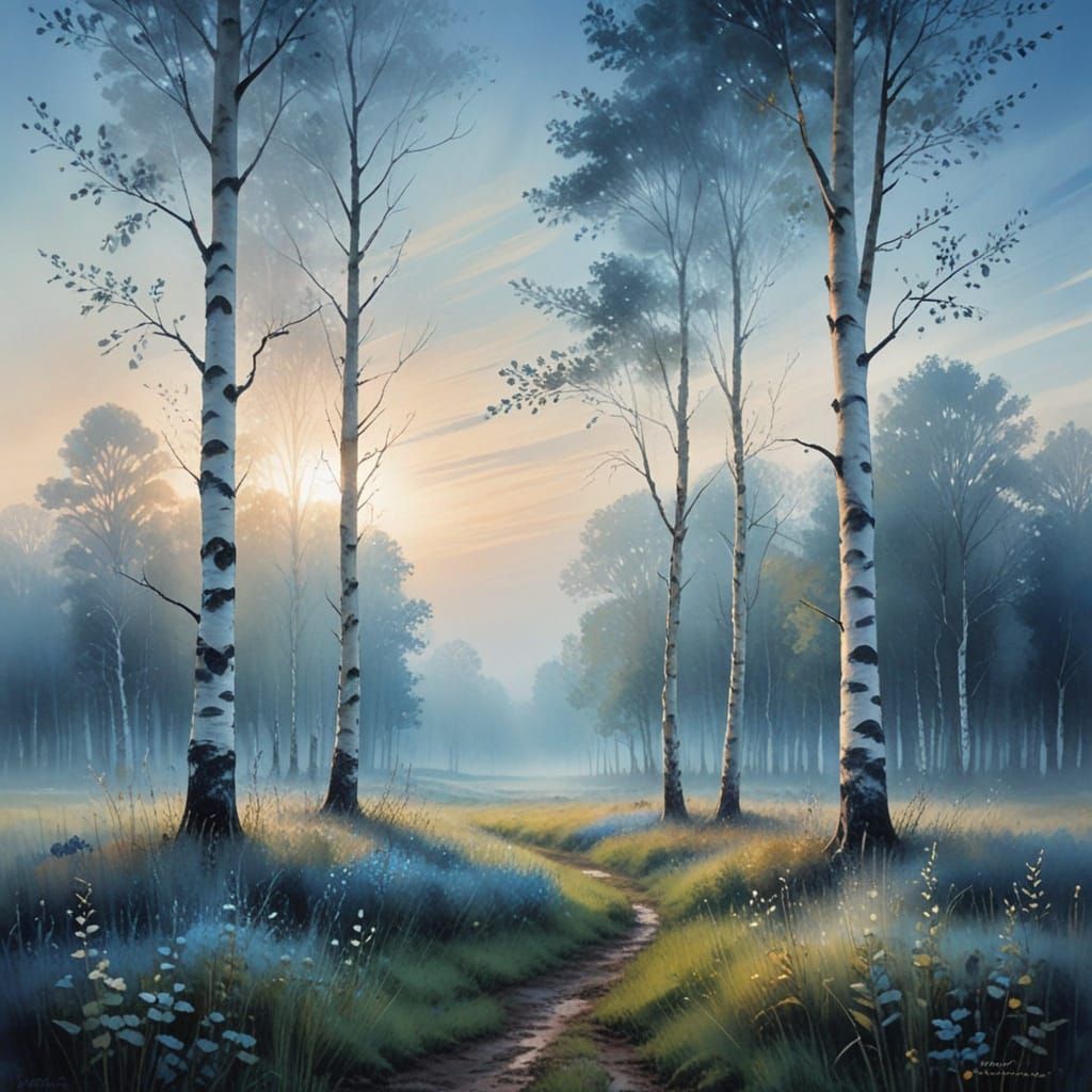 Birch Trees in Moonlight: Watercolor Landscape