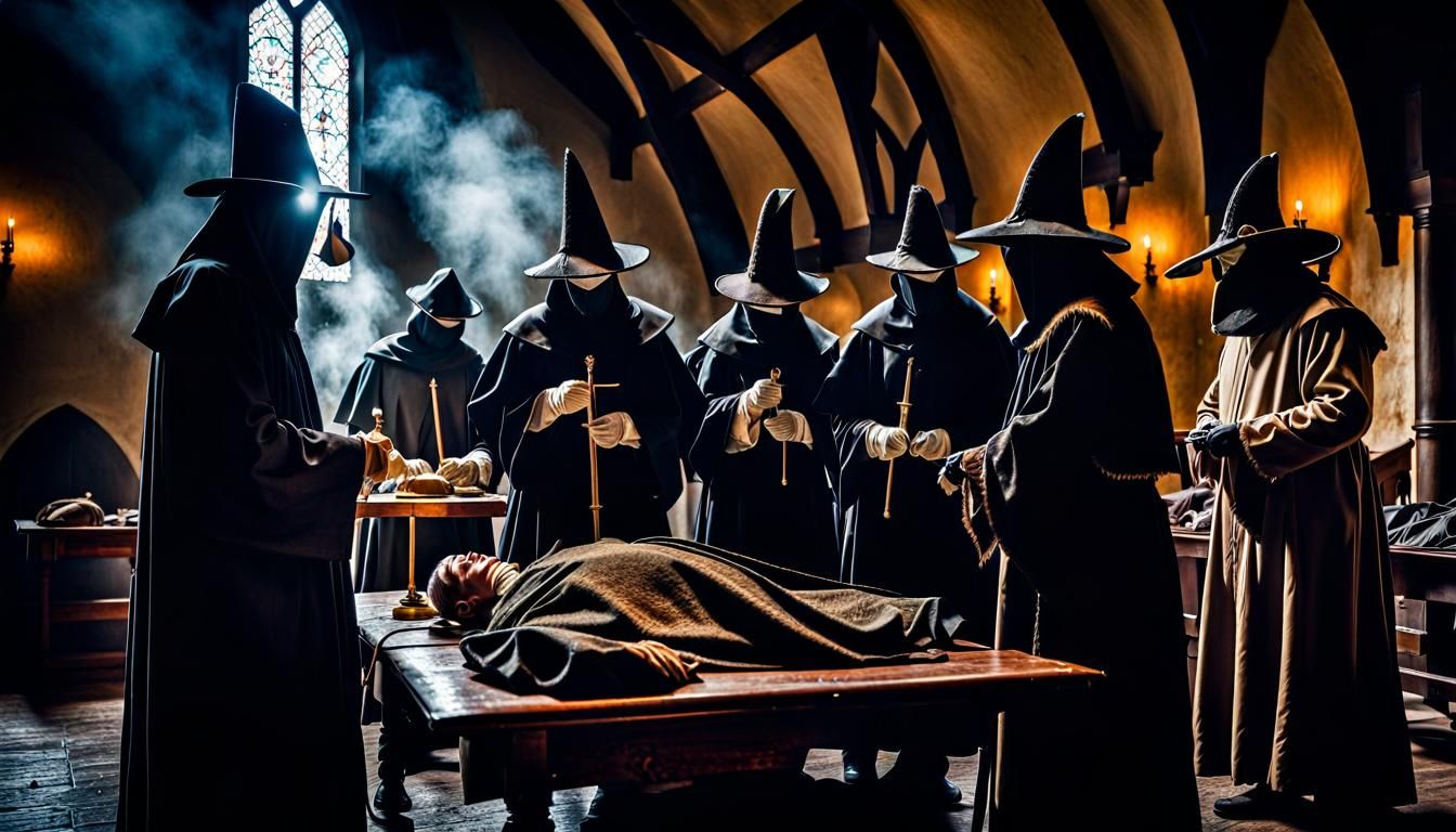 Plague Doctors Examine Patients in Medieval Hall