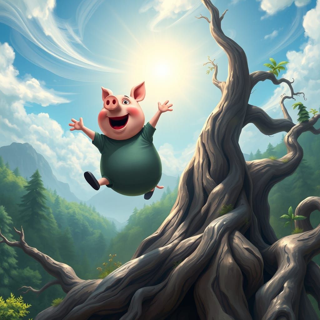 Surreal Pig Soars Through Ancient Forest in Vibrant, Storybo...
