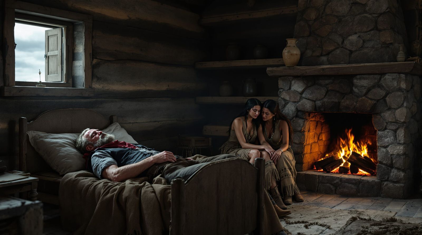 Rustic Cabin Scene: Man Rests by Hearth with Native American...
