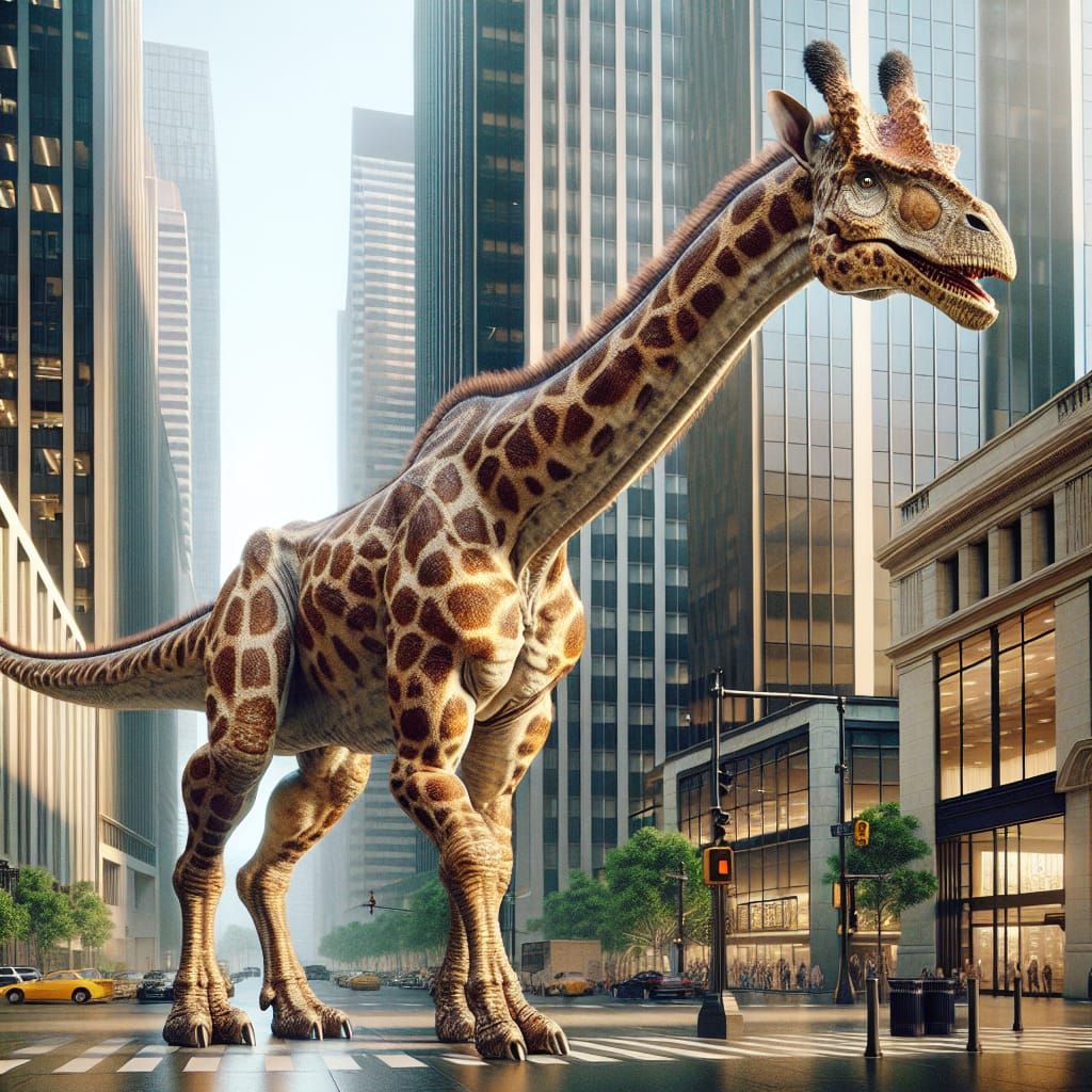Hyper-Realistic Giraffe-Rex Dinosaur Roams Urban Cityscape