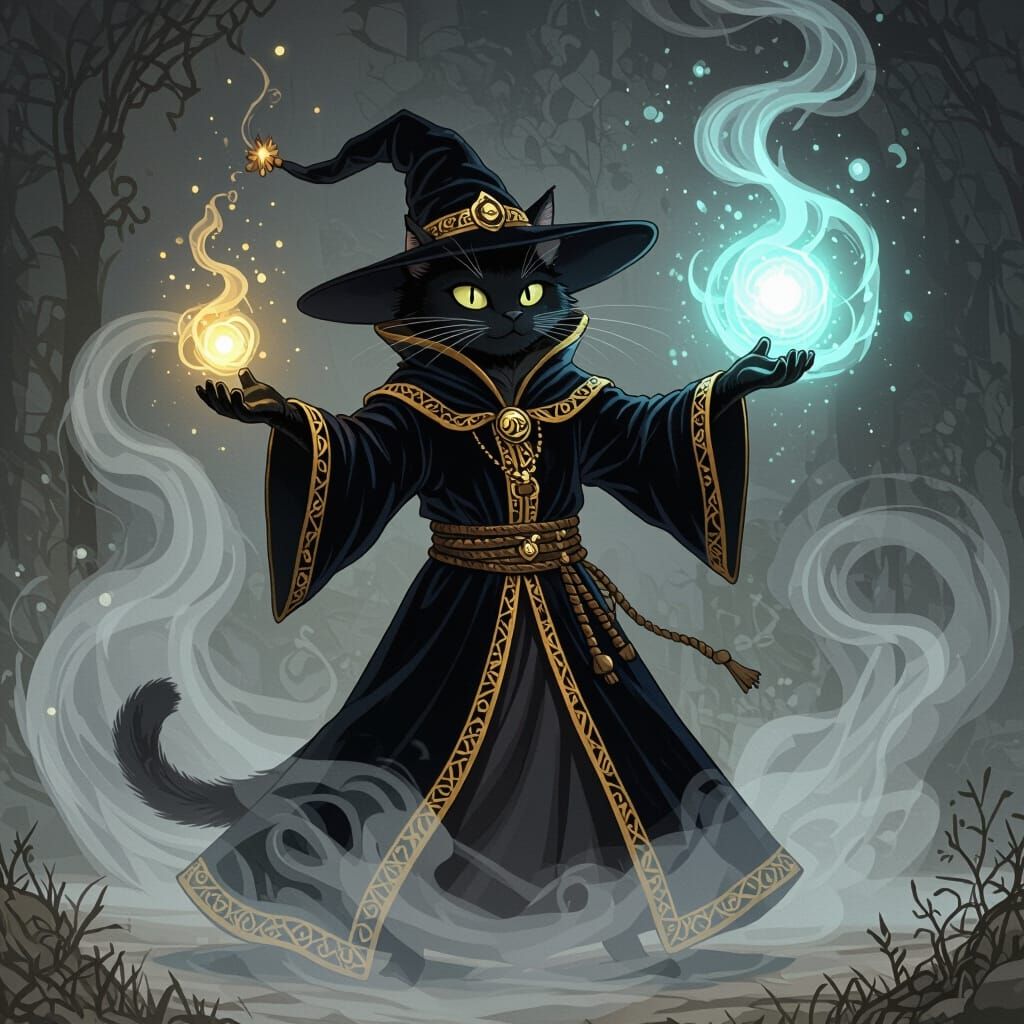 Whimsical Cat Sorcerer Casting a Spell