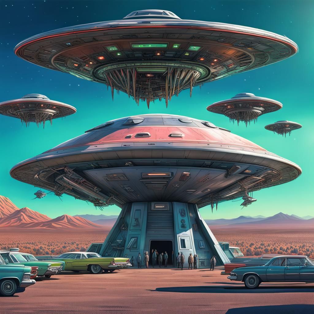Alien Spaceships at Area 51 Drive-In: Hyperrealistic Concept...
