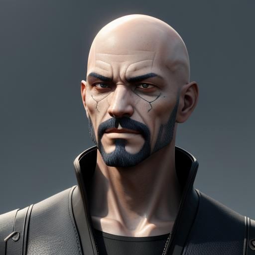 Bald Cobalt Man Smirking in Anime Style