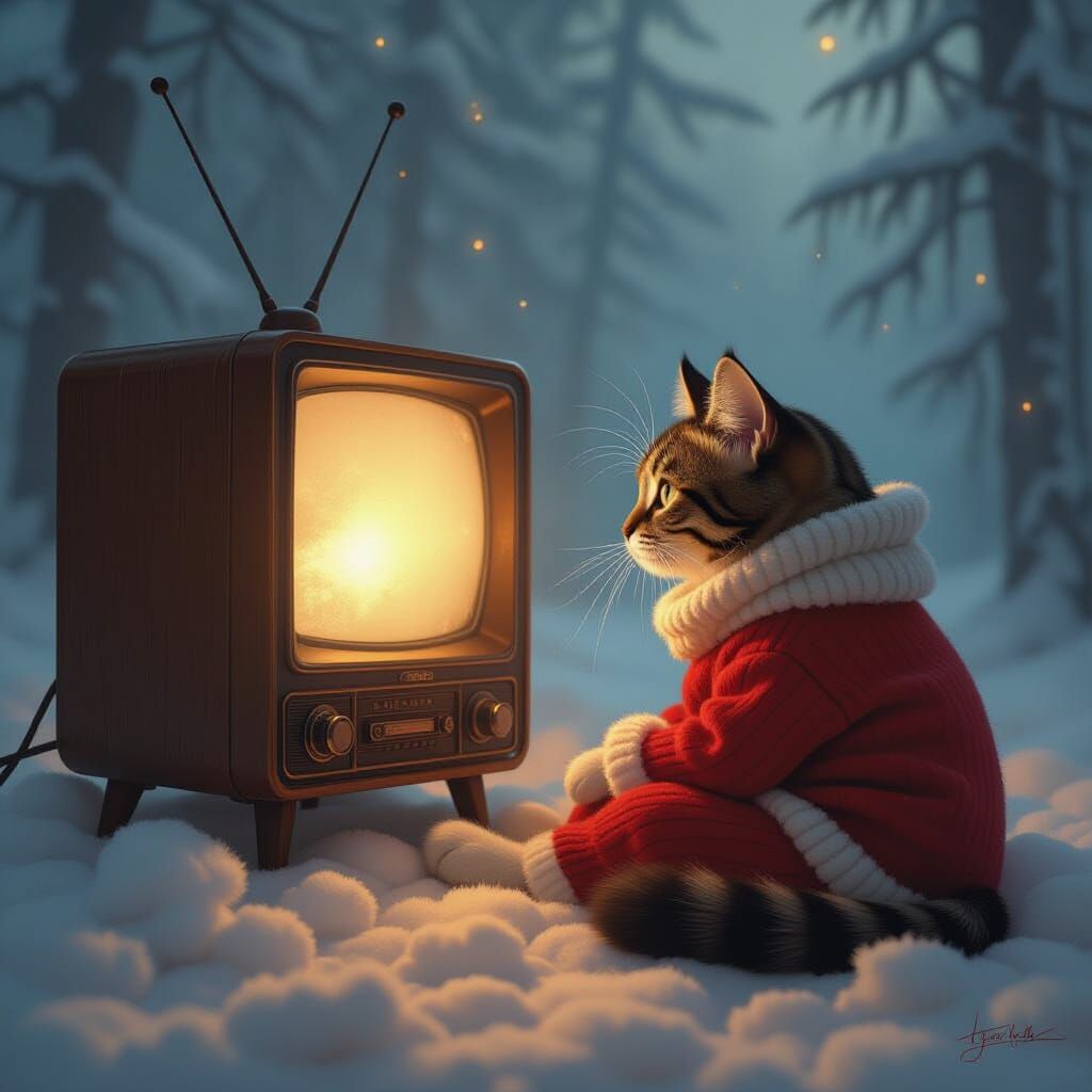 Cozy Cat Watching TV in Dreamlike Fantasy Style