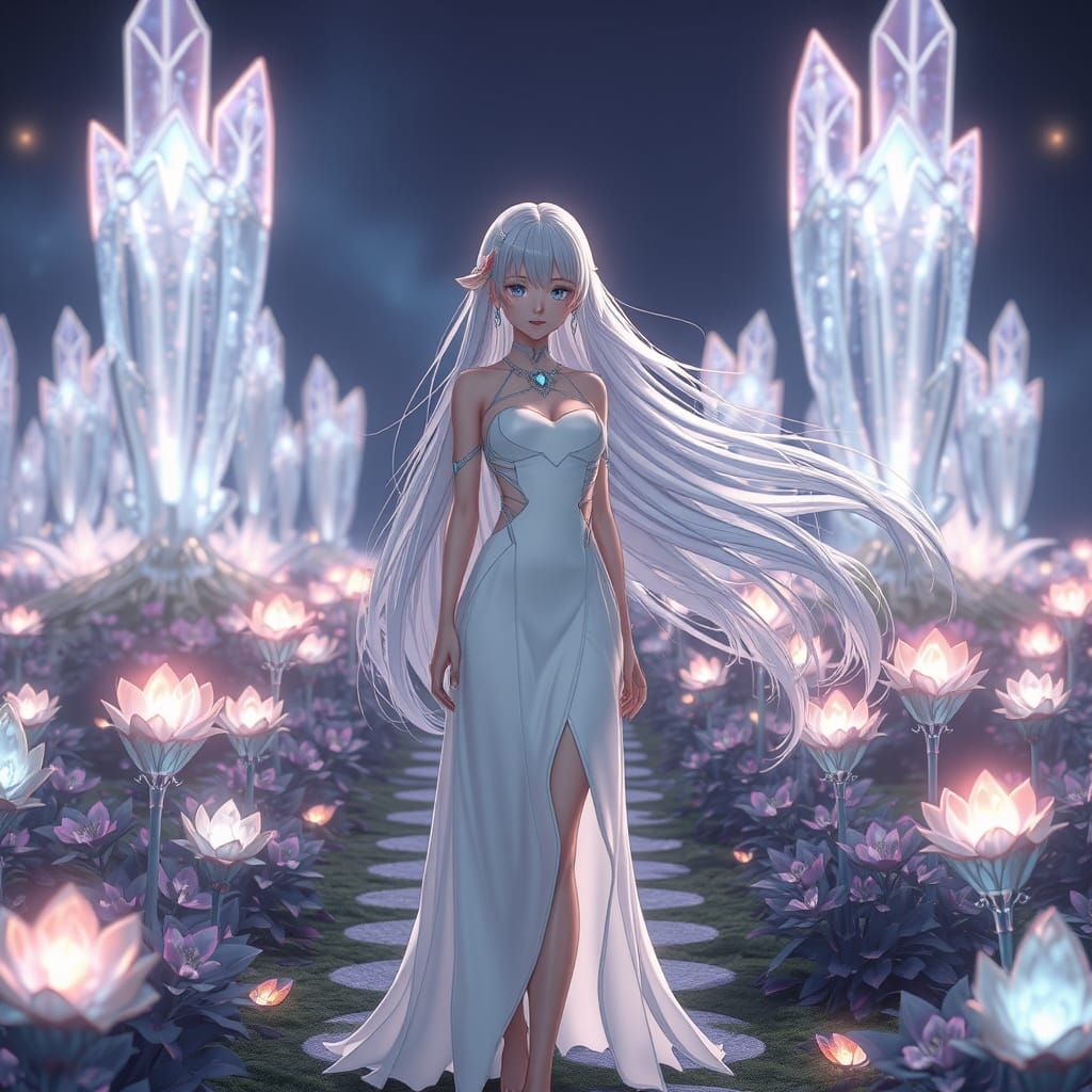 Anime Goddess in a Serene Cyberpunk Garden