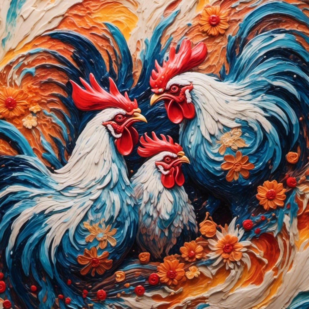 Japanese Tattoo: Roosters Fighting in Neo-Impressionist Styl...