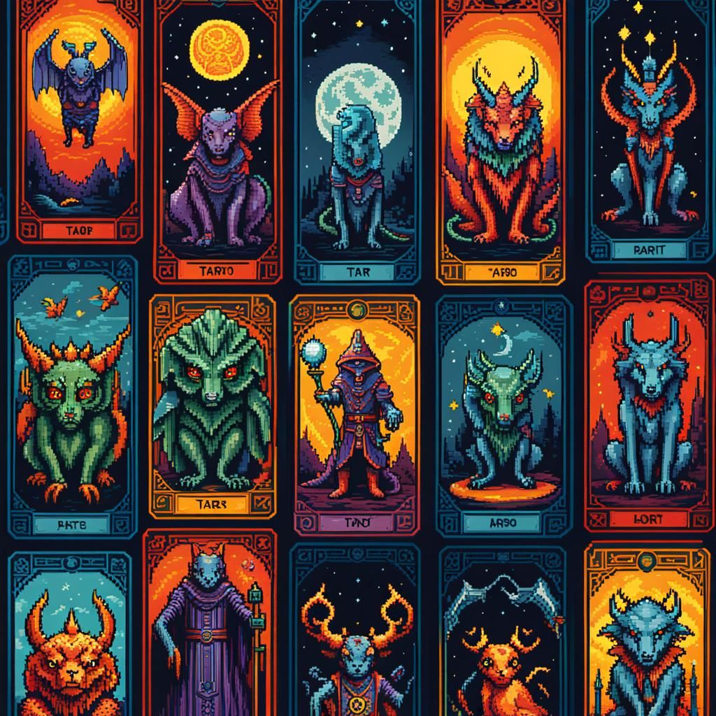 Cryptid Tarot Cards in 80s Pixel Art Style