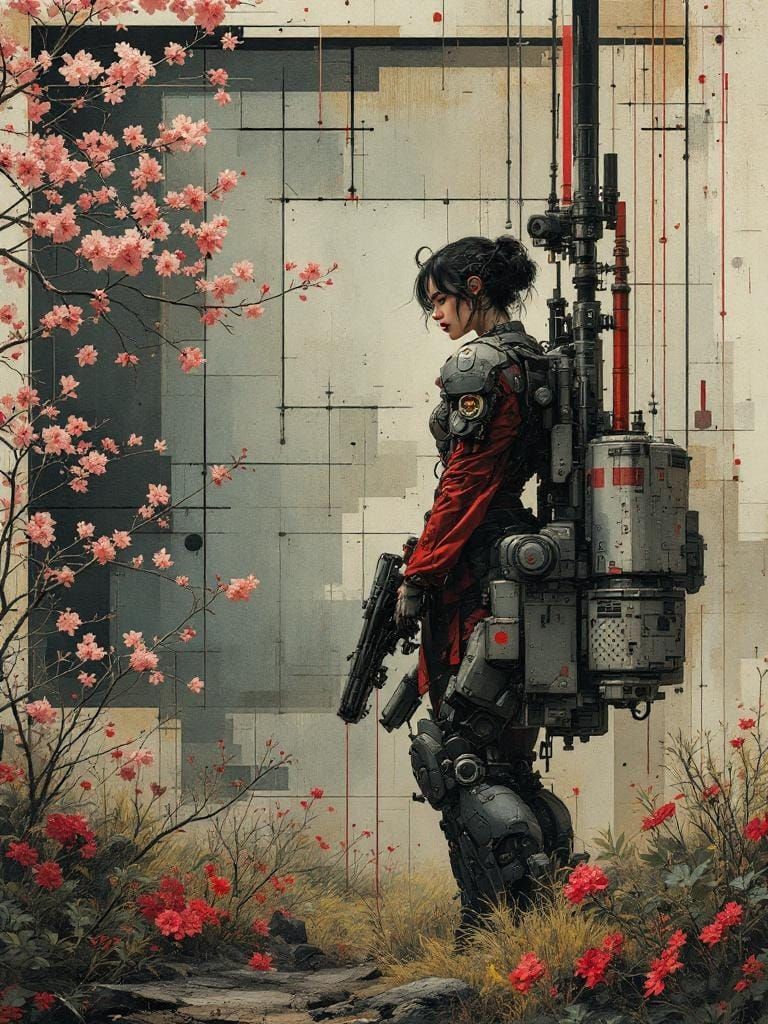 Dieselpunk Mech in Surreal Garden Landscape