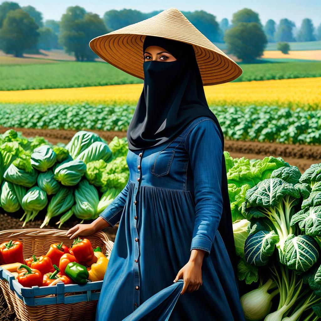 Niqabi Woman's Day in the Vegetable Field as Oil Painting